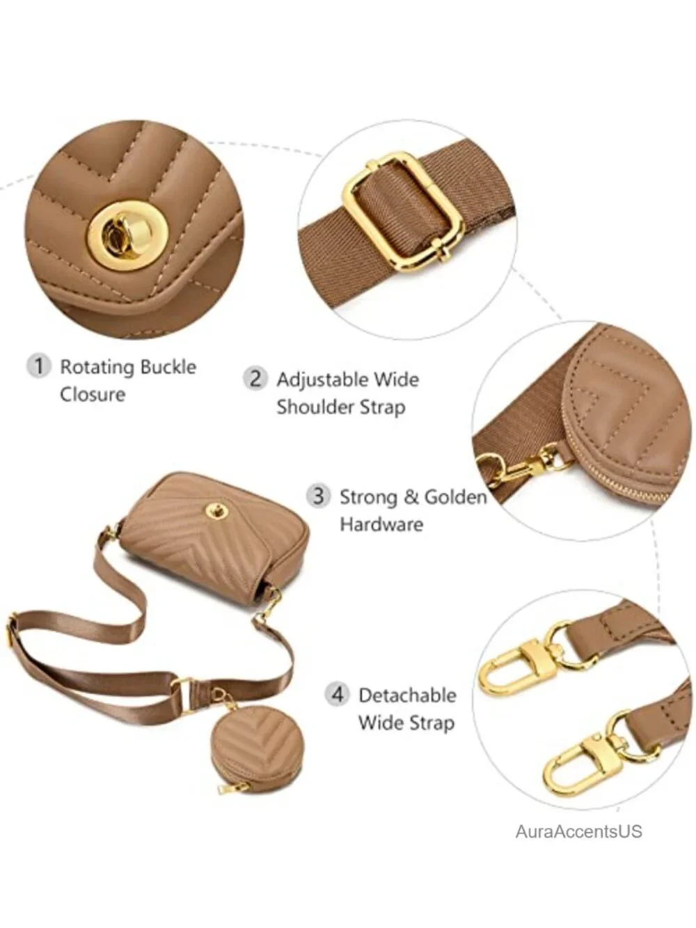Quilted Faux Leather Crossbody Bag with Chain Strap, 3 Piece Set